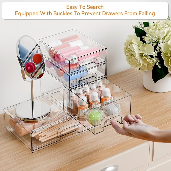 4 Pack Clear Stackable Storage Drawers,Pull-Out Medicine Cabinet Organizer and Containers,Large Acrylic Organizers Drawers and Bathroom Closet Organizers for Hair Accessories,Makeup Organizer - Image 5