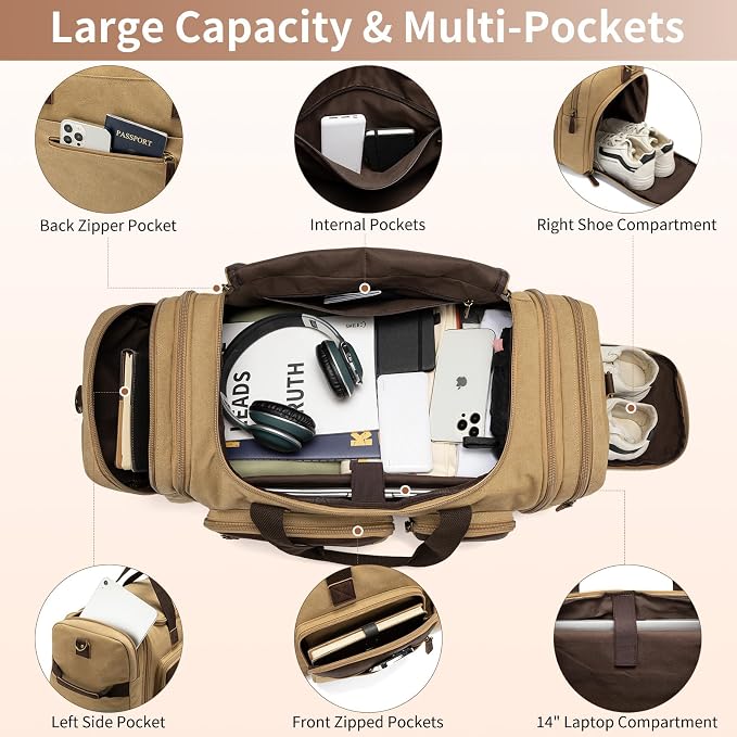 Mens Duffle Bag for Travel, 60L Canvas Expandable Overnight Weekender Bag | Shoe Compartment, Carry-On Size, Multiple Pockets, Detachable Strap, Toiletry Bag & Packing Cube Include, Khaki - Image 3
