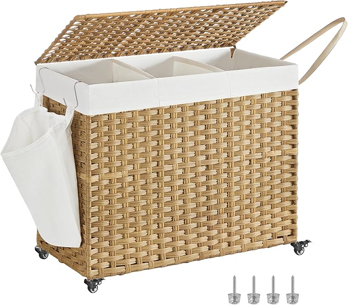 SONGMICS Laundry Hamper with Lid, 42.3 Gallons (160 L), Rolling Laundry Basket with Wheels, 3-Section Synthetic Rattan, Removable Liner, Bedroom, 29.9 x 13 x 26 Inches, Natural ULCB365N01 by Unknown