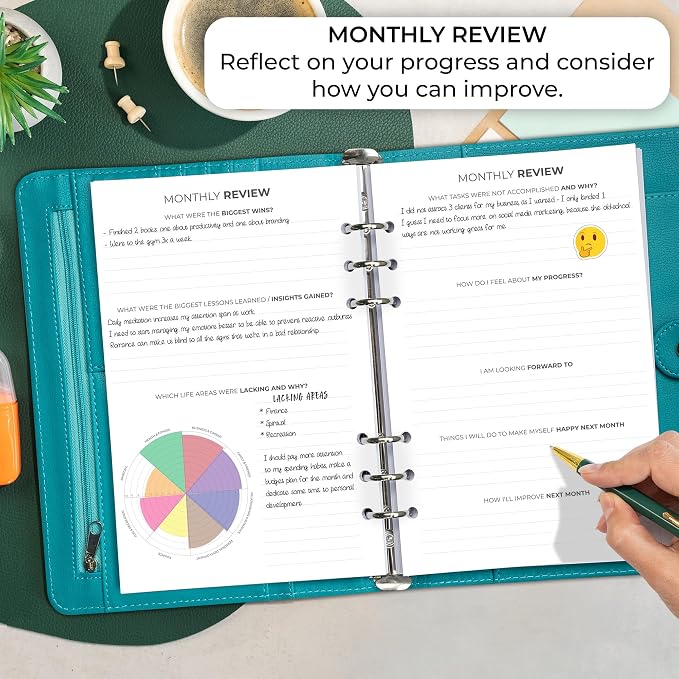 Clever Fox Weekly Planner Binder, Undated Daily A5 Eco Leather Turquoise | 7 x 10 in with A5 pages, mini 3 ring portfolio organizer, work time manager, day runner, agenda book with monthly calendars - Image 5