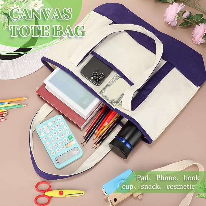 Sanwuta Canvas Tote Bags Bulk with Outer Pockets,Classic Color,12 Pack | Reusable Cotton Grocery Bags, Perfect for Teachers, Party Giveaways, DIY Crafts, Wedding Favors, Business Gifts - Image 6