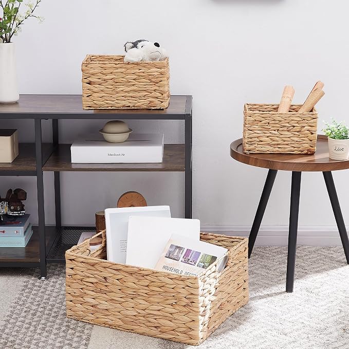 Wicker Basket, 3-Pack Water Hyacinth Wicker Storage Basket with Handles, Storage Baskets for Organizing, Large Hyacinth Storage Baskets for Shelves with Liner (Water Hyacinth Baskets Set) - Image 3
