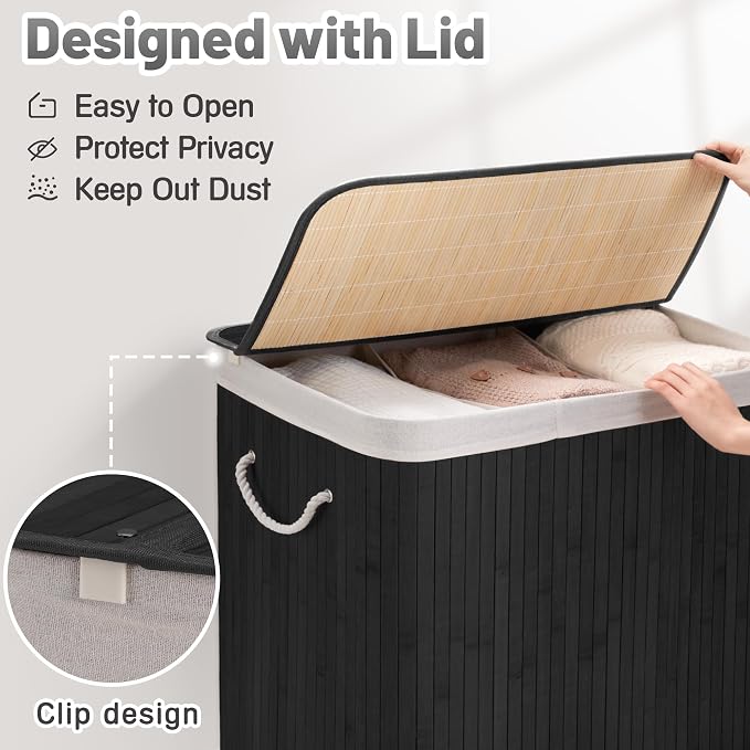 Aliphon 150L Laundry Hamper with lid, 3-Section Clothes Laundry Basket with Handles, Large Collapsible Bamboo Baskets for Bedroom, Bathroom, Dorm, Ink Black - Image 7