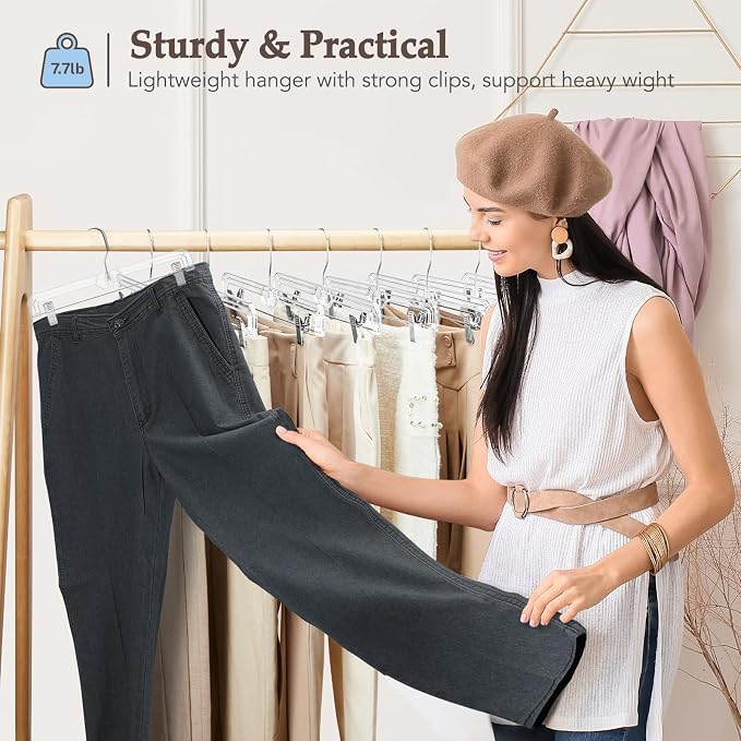 HOUSE DAY 100 Pack Heavy Duty Clear Pants Hangers, 14'' Skirt Hangers | No-Mark Clip Hangers with Stronger Grip, Adjustable Clips for Jeans, Pants, Skirts and Shorts, Bulk Retail, Boutique Hangers - Image 2