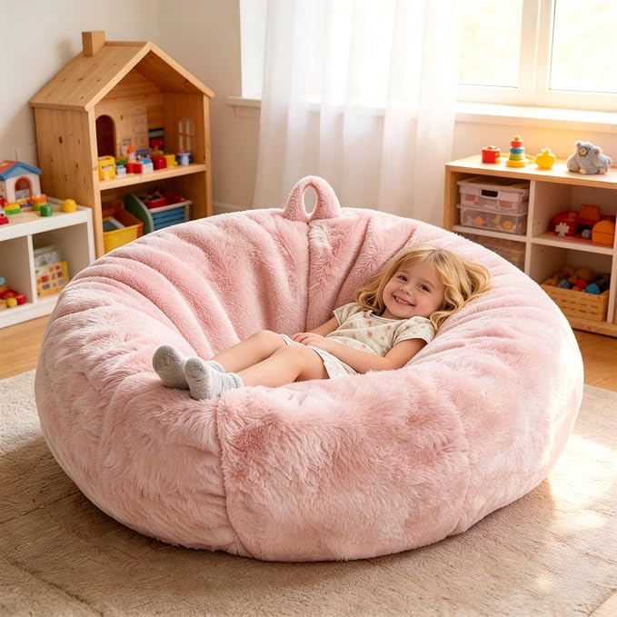 Faux Fur Bean Bag Cover (No Filler) Stuffed Animal Storage Adults Kids Pink | Bean Bag Covers Large Bean Bag Sofa for Kids Teens, furry fuzzy surface, for living room bedroom kids holiday gift by GurXien