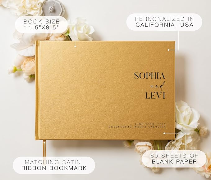 Personalized Guest Book - 11.5" x 8.5" Premium Custom Guest Signing Book with Bookmark and Blank Pages for Wedding Reception Table Decoration Engagement Birthday Party Event, Gold - Image 2