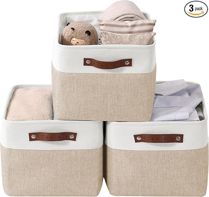 DECOMOMO Storage Bins, Large Fabric Storage Baskets for Shelves 3 Pack | 15 x 11 x 9.5 inches Decorative Linen Closet Organizers with Handles(Beige and White) by DECOMOMO
