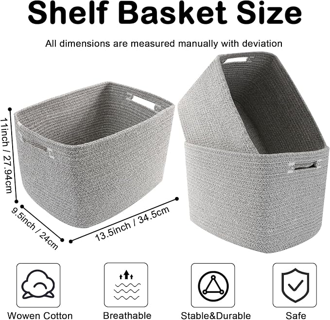3 Pack Woven Baskets,Storage Baskets for Shelves with Handles | 13.5"×11"×9.5", Closet Baskets, Nursery Organizer for Toys Towels Books, Storage Bin for Living Room Bedroom (Mixed Grey) - Image 2