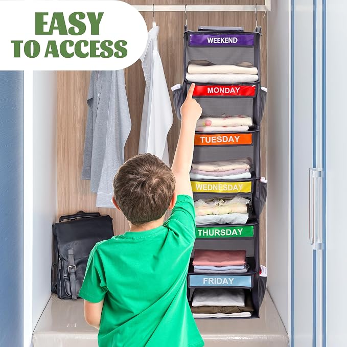 6-Shelf Weekly Clothes Organizer for Kids, Hanging Daily Closet Organization with 6 Side Pockets, Days of The Week Clothing Divider Storage for Boys and Girls (Grey) - Image 7