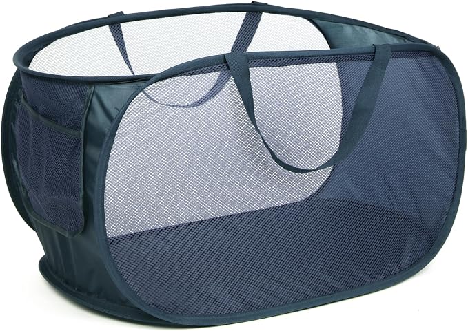 Durable Collapsible Laundry Baskets, Mesh Pop Up Laundry Hamper with Handy Pocket, Foldable Clothes Hamper with Reinforced Carry Handles for Laundry, Bathroom, Kids Room or Travel Navy by Diggoour