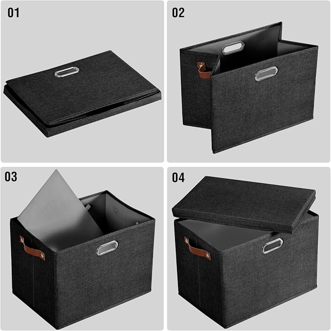 15" Fabric Storage Box with Lids, 3-Pack, Black | Stackable, Foldable, 2 PU Handles and 2 Metal Handles, Decorative Fabric, For Home, Bedroom, Closet, Office, Nursery - Image 6