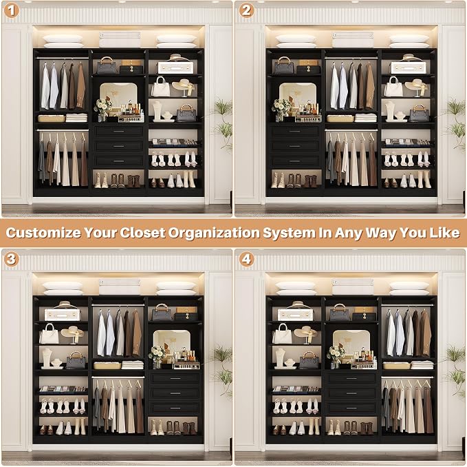 Unikito 75" Modular Closet System with 3 Sets, Mirror & Drawers, Black | Hanging Rods & Adjustable Shelves, Freestanding Wood Wardrobe Garment Rack, Walk in Tower Clothes Storage Organizer Unit - Image 4