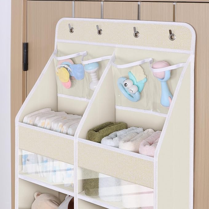 Univivi Upgraded Over Door Organizer for Baby Stuff, Beige Pattern, 6-Shelf | Fabric Behind Door Storage with Clear Window Deep Pockets, Over Door Hanging Organizer for Baby Essential, Bedroom, and Dorm - Image 4