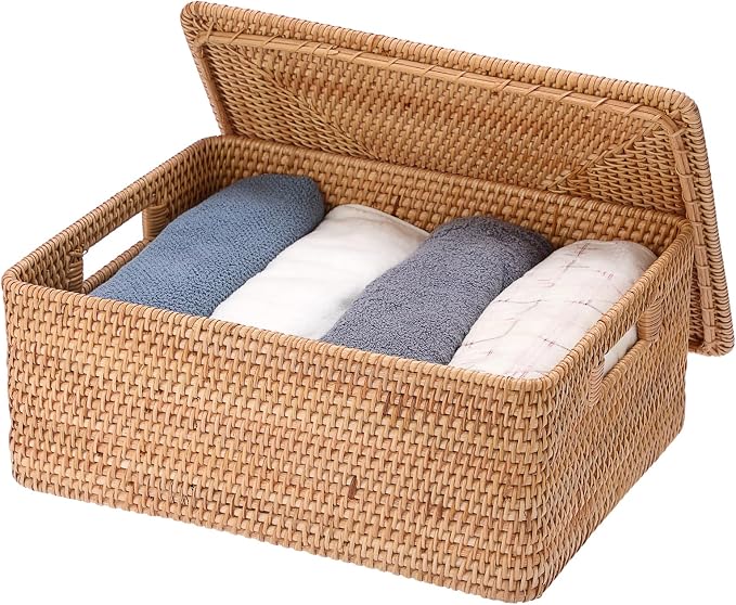 Hipiwe Rattan Basket Box with Lid X-Large Wicker Lidded Decorative Baskets | Handwoven Storage Basket Bins Rectangular Household Baskets for Shelf Organizing Home Decor, 17" x 13" x 6.7" - Image 8