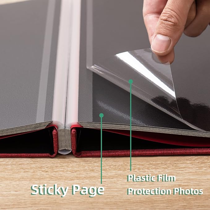Photo Album Self Adhesive Scrapbook 3x5 4x6 5x7 6x8 Magnetic Album DIY Scrap Book 11x10.6 Inch 40 Black Sticky Pages Linen Cover DIY Photo Album(Red) - Image 5