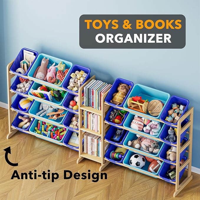 SpaceAid Large Toy Storage Organizer with 24 Bins and 3 Shelves, Toy Organizers Storage Bookshelf, Kids Bin Shelf Box Bookcase for Bedroom Playroom Organization Room Decor, Blue and Navy Blue - Image 4