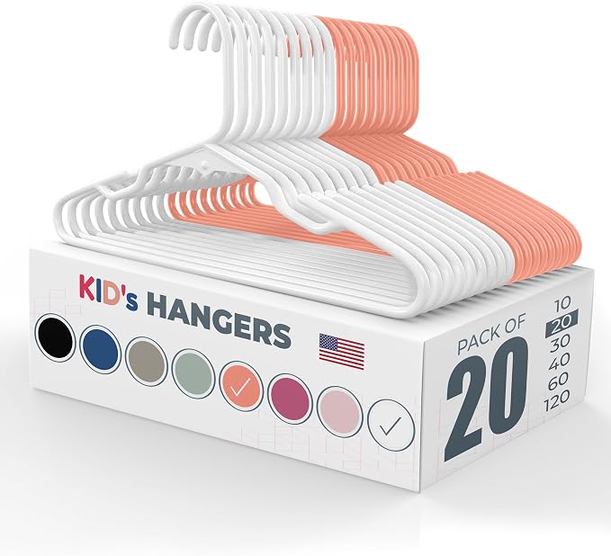 Plastic 12” Kids Hangers 20 Pack – Made in the USA – 5lb Capacity Baby & Toddler Clothes Hangers with Notches & Reinforced Edges – Fits Children’s Sizes Up to 8 – White & Peach by NeatiesHangers