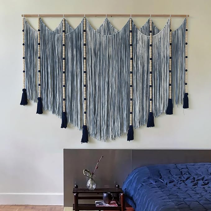 Jakalin Macrame Wall Hanging Blue Dip Dye Bead Boho Home Decor 57"x43" | Blue Dip-dye Cotton Cord, Handwoven Beadwork, Artisan Texture, Modern Boho Wall Decor, Home Accent Yarn Fiber Wall Art - Image 4