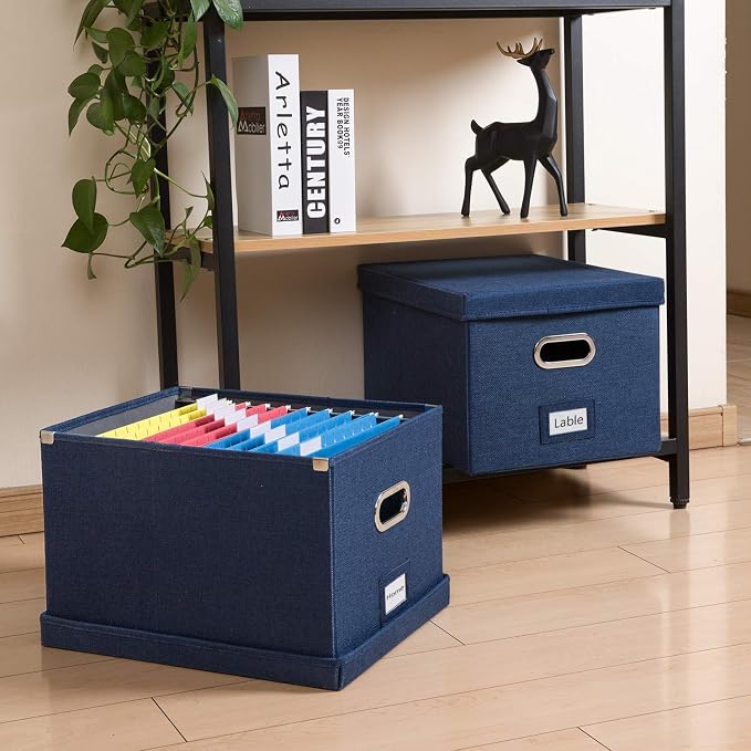 File Organizer Box - Set of 2 Collapsible Decorative Linen Filing Storage Hanging File Folders with Lids Office Cabinet Letter/Legal Size Navy Blue (17x14x11.2 inch) - Image 3