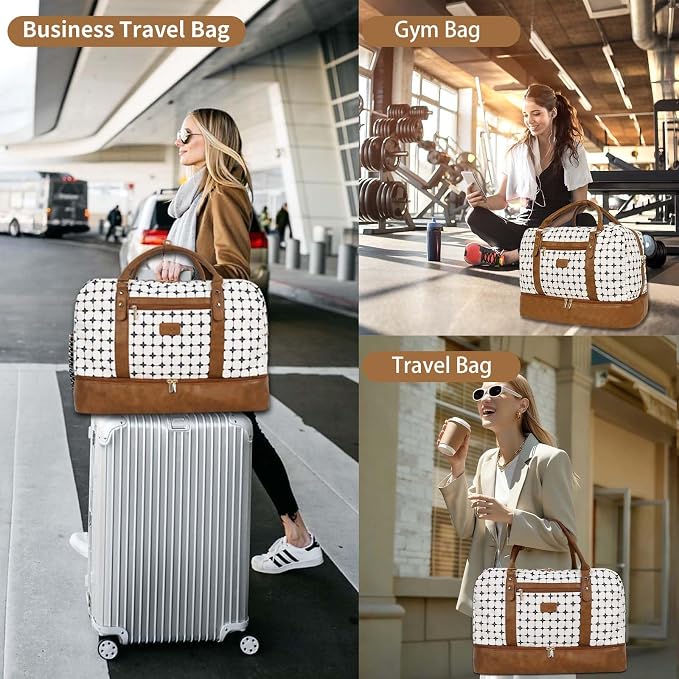 3PCS Weekender Bags for Women Large Overnight Bag, Brown Argyle | Weekender Travel Duffel Bags Carry on Shoulder with Shoe Compartment Toiletry Bag Satchel Bag for Travelling Business Gym - Image 5