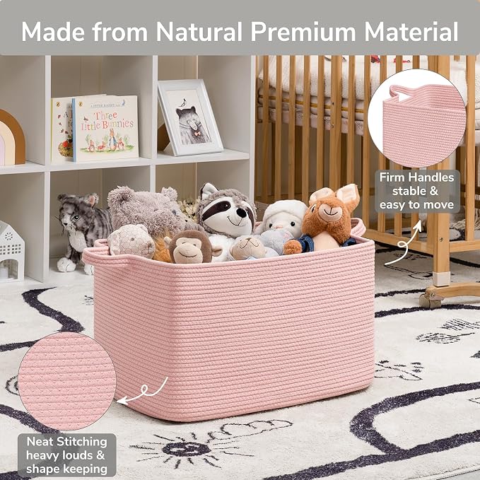 Goodpick Large Woven Rope Blanket Basket, Rectangle, Pink, 75L | 21.6'' x 14.9'' x 11.8'' Storage Basket for Toys & Blankets, Living Room, Bedroom & Nursery Organization, Reinforced Handles - Image 6