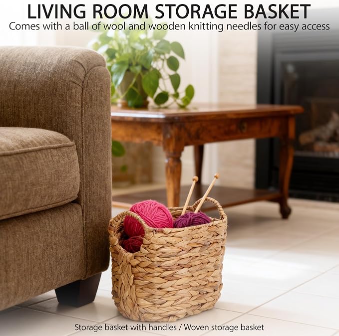 Water Hyacinth Storage Basket with Handles, Woven Boho Storage Basket for Organizing, 11.8" x 7.87" x 8.66" Natural Oval Handwoven Basket for Shelf, Bathroom, Living Room - Image 5