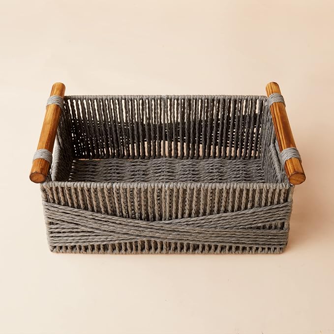 LA JOLIE MUSE Wicker Storage Baskets for Organizing, Recyclable Paper Rope Basket with Wood Handles, Decorative Hand Woven Basket Organizers for Makeup Books Shelves Living Room, Grey, Set of 2 - Image 3
