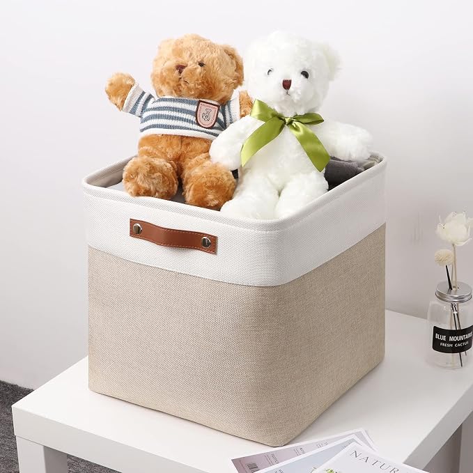 Temary Cube Storage Bins 13x13 Fabric Storage Cubes Baskets Set Of 4 Cloth Baskets for Shelf, Large Bin Empty Basket for Organizing, Shelf Basket (White&Khaki) - Image 4