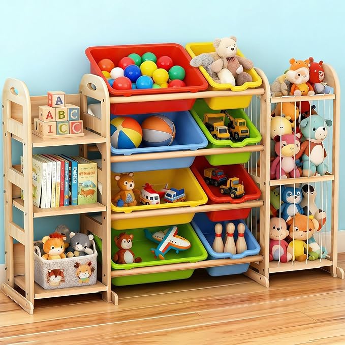 Toy Storage Organizer, Toy Organizers and Storage with Stuffed Animal Storage, Kids Toy Storage Shelf with 3 Shelves 8 Storage Bins, Kids Bookshelf, Toy Holder for Playrooms, Bedrooms, Multi Color by Orekemo