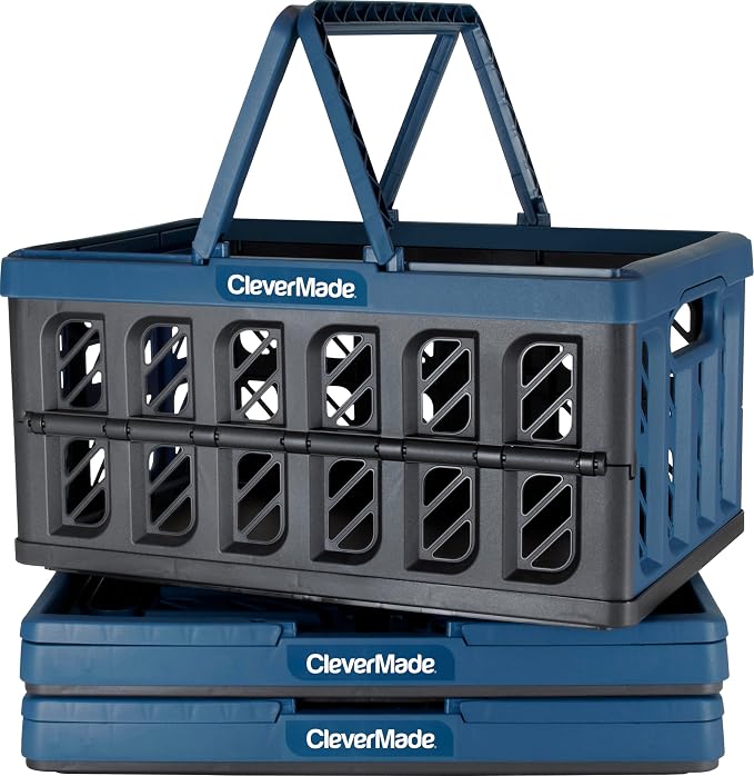 CleverMade Eco Collapsible Shopping Basket with Handles, 24L Ocean, 3 Pack | Keep Groceries Upright in the Car | Rigid Walls Carry 25 lb Each, Stack Securely, and Fold to 2.25 Inches for Storage by CleverMade