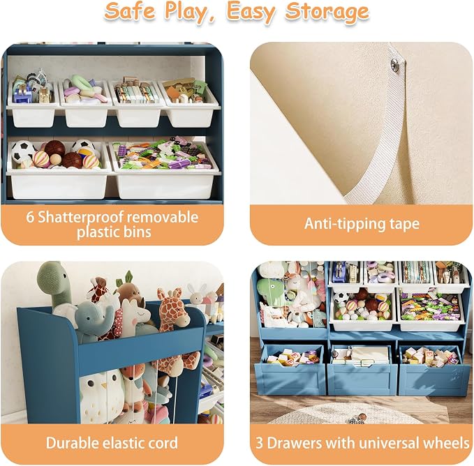 VontinT 50.6" W Montessori Toy Storage with Bins & Rolling Drawers, Wooden | Large Toy Cabinet with 6 Plastic Bins, 3 Rolling Boxes, 140L Stuffed Animal Storage, Toddler Rack for Kids Playroom, Blue - Image 4