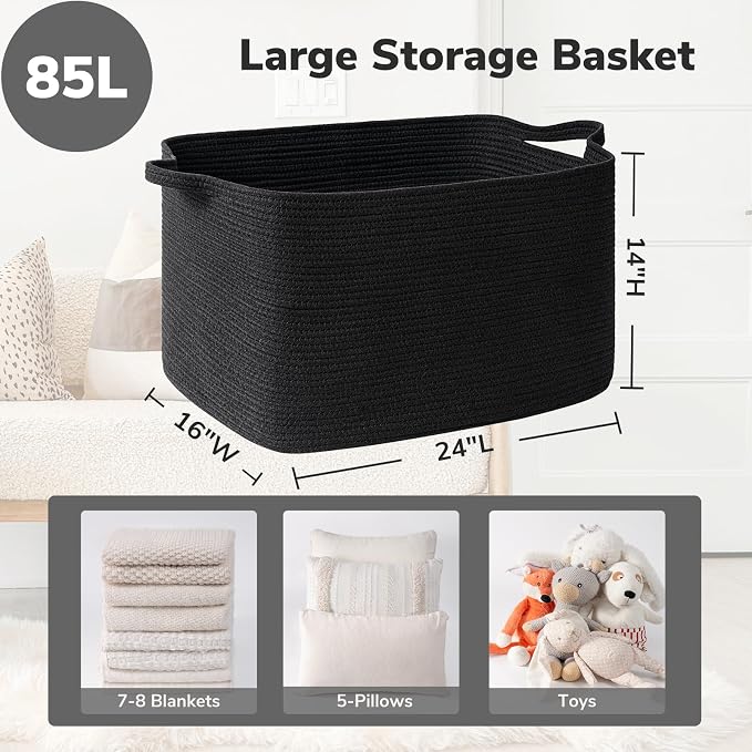 Goodpick 85L Large Woven Rope Blanket Basket, Rectangle, Black | 23.6'' x 15.7'' x 13.8'' Storage Basket for Blankets, Pillows & Toys, Living Room & Bedroom Organization, Reinforced Handles - Image 3