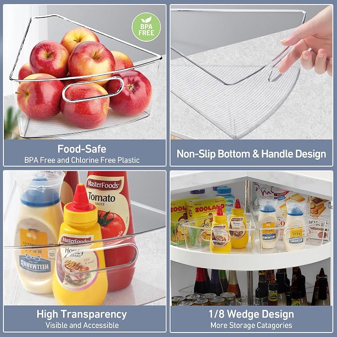 Leeden Lazy Susan Organizer for 28" Diameter Corner Lazy Susan, Plastic Kitchen Cabinet Storage Bins with Handle, 8 Packs, 1/8 Wedge - Food Safe, BPA Free - Image 5