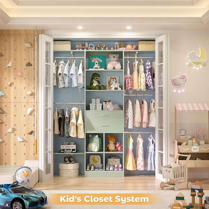 Small Closet System - 5FT Closet Organizer System with Wooden Drawers, 60 Inches Walk In Closet System With 5 Hanging Rods, Can Fit 1.58 to 6.8 FT with Reversible Hanging Shelving, Crab Green - Image 7