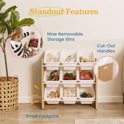 ECR4Kids 3-Tier Organizer with 9 Removable Plastic Bins, 3x3, Toy Storage, Dark Natural/White | Durable plastic bins, MDF panels, steel frame, GREENGUARD Gold Certified, 27 lb capacity, anti-tip kit, playroom/classroom - Image 6