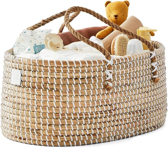 BEBE BASK Premium Baby Diaper Caddy Organizer - Basket With Cotton Divider | Award Winner, Handmade, Seagrass Caddy Basket, Newborn Essentials, Nursery Basket, Removable Divider, Baby Shower (Natural) by BEBEBASK%C2%AE