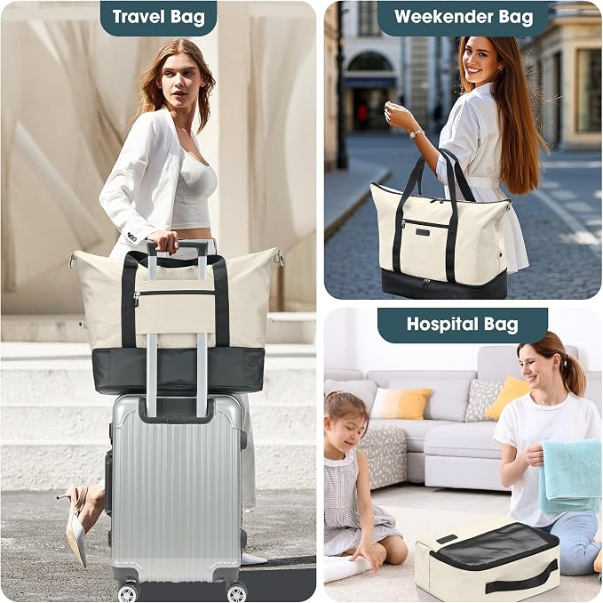 Oeihuivt Weekender Bags for Women with 3 Extra Pack - 21 Inch Large Travel Duffel Bag Set with Shoe Compartment, Heavy-Duty nylon Carry On Overnight Tote Black+Beige - Image 8