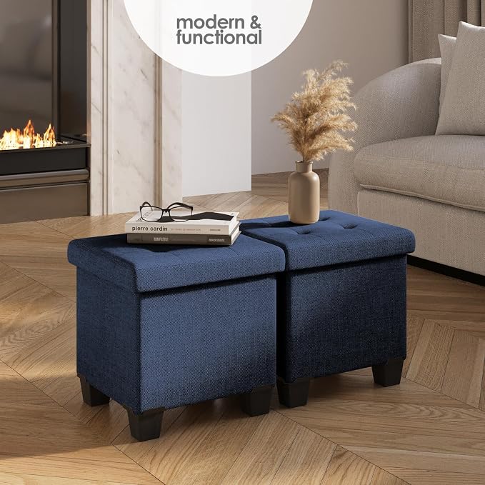 Storage Ottoman Cube with Small Bin, 15-in Square Ottoman with Storage for Living Room and Bedroom, Small Ottomans Foot Rest, Fabric Foot Stools Ottomans Max 330lbs, Blue - Image 2
