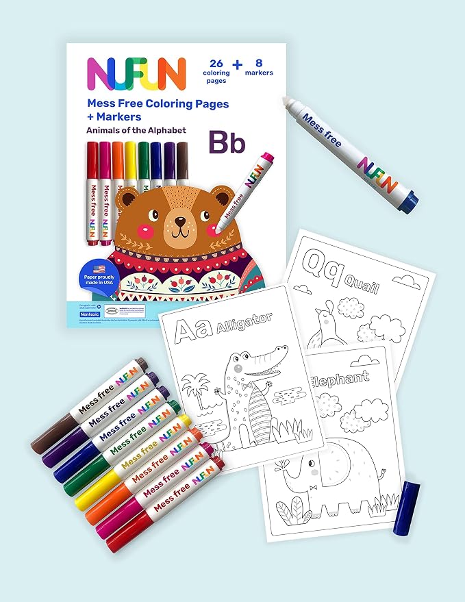 NuFun Activities Mess Free Coloring Set Animal Alphabet 8 Markers 8.5x11 | Mess-Free Coloring Formula, 8 Markers, No Mess on Skin/Clothes, Gift for Kids - Image 2