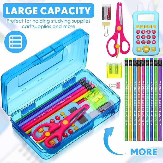 Fainne 24 Pack Clear Plastic Pencil Box,Blue, Purple | Stackable Organizer for School Supplies, Large Case for Crayons Markers, Snap-lid Keeps Stationery Secure, Bulk Set - Image 3