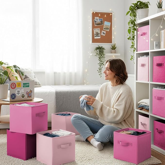 GRANNY SAYS 11 Inch Fabric Cube Storage Bins, Pink Gradient, 8-Pack | Collapsible Storage Cubes with Thickened Base Plate, Sturdy Handles, Decorative Baskets for Shelves, Closet - Image 3