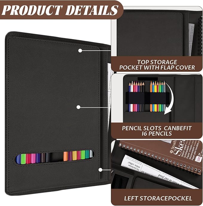 Plinyvel Black Leather Sketchbook Cover 5.5x8.5, Travel Drawing Portfolio | Portable sketch kit organizer, pencil holder, Fits 5.5x8.5 Sketch Book, Spiral Pad, Compact artist storage case - Image 5
