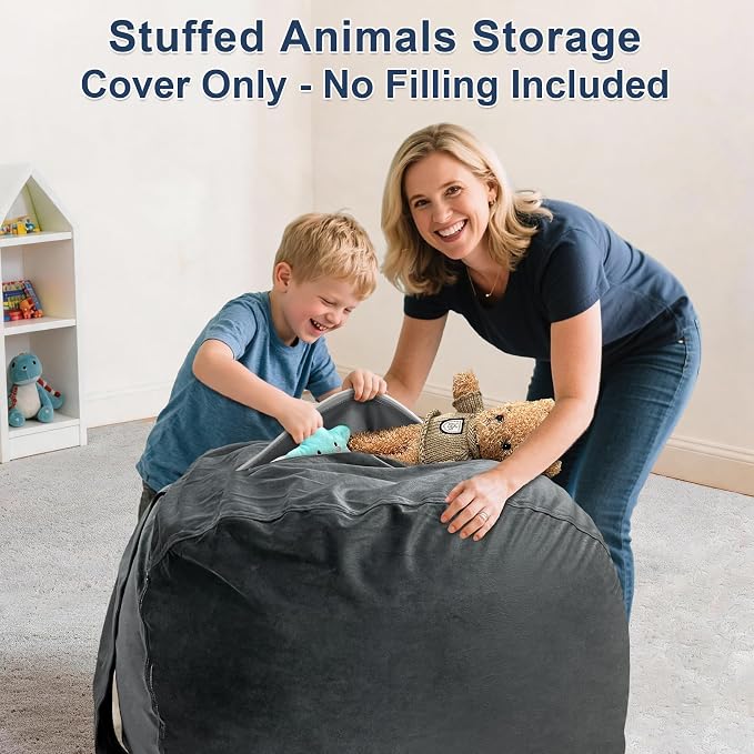 Lukeight Stuffed Animal Storage Bean Bag Chair Cover for Kids, Velvet Plush Toy Organizer Seat, Cover Only, No Filling Included, Long YKK Zipper, Side Pocket, Large 27"D x 16"H - Image 4