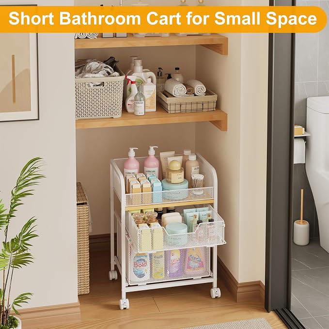 Yociyoga 3 Tier Rolling Cart with Drawers,Pantry Storage Cart with Wheels,Under Desk Storage Cart for Small Space,Pantry Floor Organizers and Storage,Metal Load-Bearing Utility Craft Cart,White - Image 8