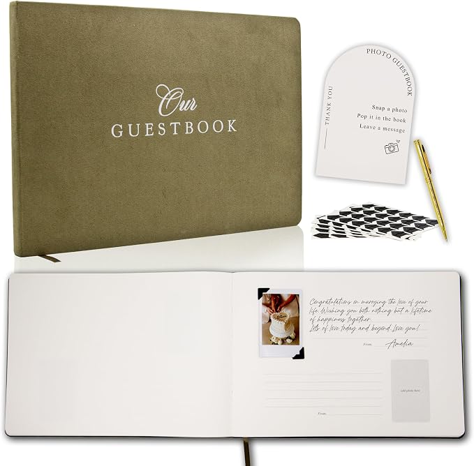 Velvet Photo Guest Book Set (Olive) - Photo Corner Stickers, Gold Pen, Sign | Green A4 Hardcover 11.5 x 8.5 Memory Book | Our Guestbook | Engagement Bridal Shower Wedding Ceremony Reception Keepsake by ModernAlbumDesigns