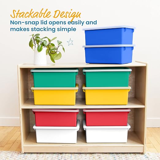 ECR4Kids Cubby Storage Bin with Lid, Multipurpose Organization, Assorted, 10-Piece | Durable plastic, GREENGUARD Gold Certified, 7 quart capacity, lightweight & nestable, easy-lift lids, classroom/home use - Image 5