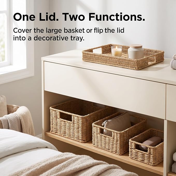 Wicker Storage Basket with Lid for Shelves, 3-Basket Set, Natural | One rectangular wicker basket with lid and two open baskets for decorative shelf storage; removable lid flips into a tray. - Image 5