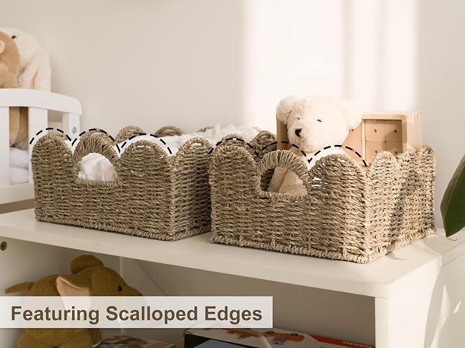 StorageWorks Scalloped Wicker Basket, Hand-woven Rattan Baskets with Built-in Handles, Seagrass Basket for Organizing and Decor, 2 Pack | Woven Baskets for Storage, Wicker Storage Baskets for Shelves, Large Wicker Basket, Shelf Basket with Handles, 2 Pack - Image 5