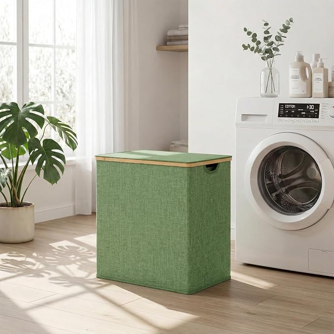 efluky Laundry Hamper with Lid, Double Laundry Basket with 2 Removable Bags, 2 Section Laundry Bin with Bamboo Handles for Bathroom, Bedroom & Laundry Room, 140L (36.9 Gallon) Sage Green - Image 8