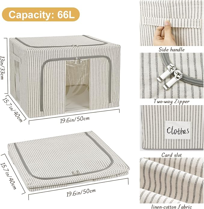 3 Pack Clothes Storage Bins with Metal Frame,Foldable Storage Bin with Lid for Clothes,Stackable Cotton Linen Fabric Organizer Set with Carrying Handles and Clear Window(Grey White Stripe, 66L) - Image 4